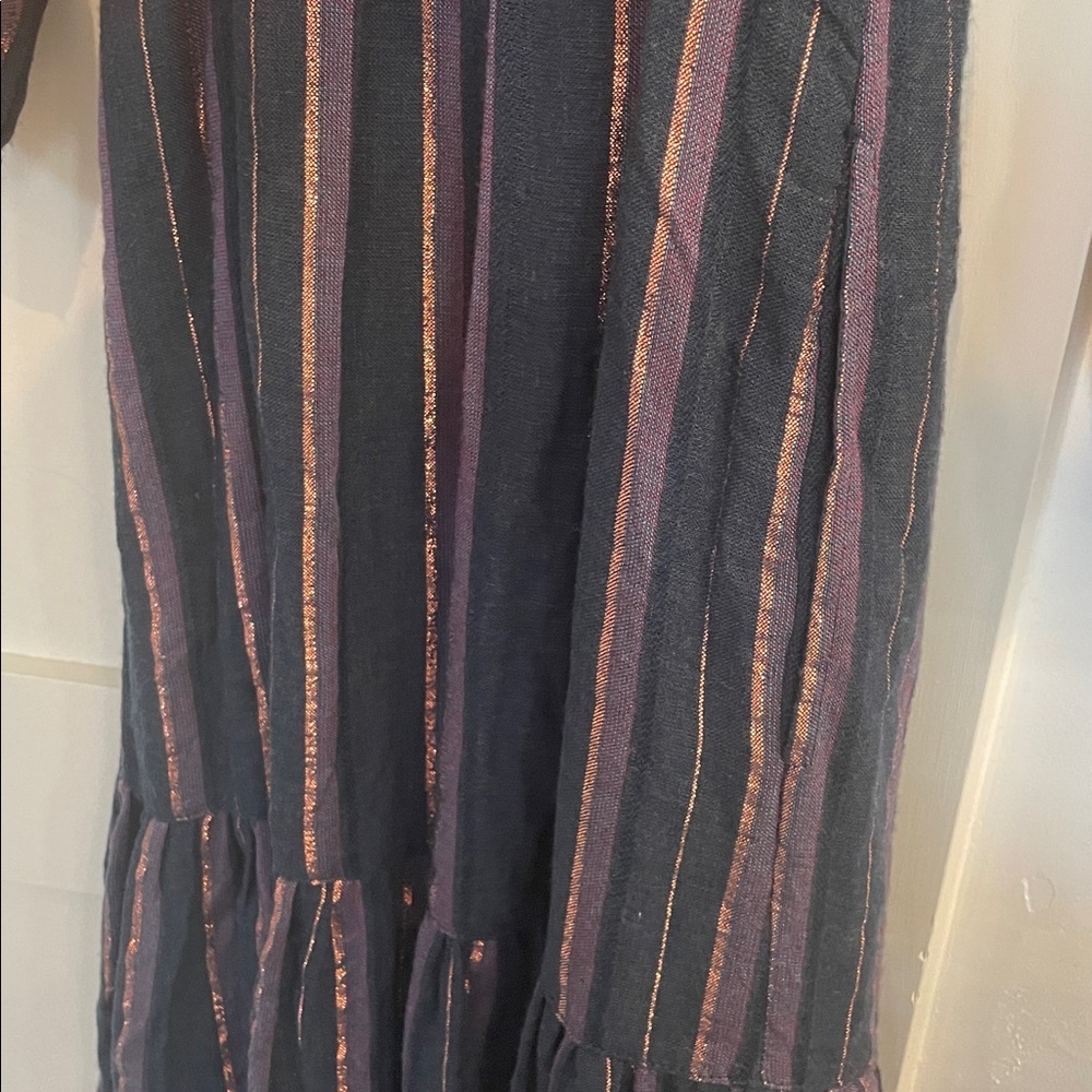 Anthropologie Midnight Ruffled Collared Midi Dress Navy Blue Metallic SZ Medium - Picture 10 of 10
